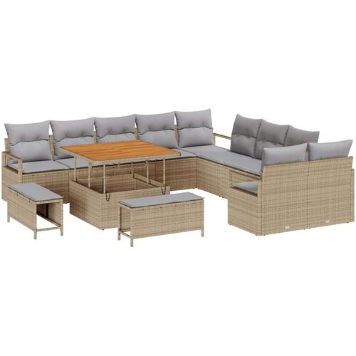  Set sofa za vrt s 13 dijelova s jastucima Bež Poli ratan Akacija sofa za vrt s dvoja sjedala s jastucima Bež Poli ratan 3-dije Slike