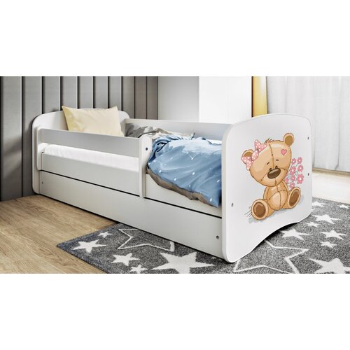 Drveni dečiji krevet meda sa cvećem sa fiokom - beli - 160x80Cm Slike