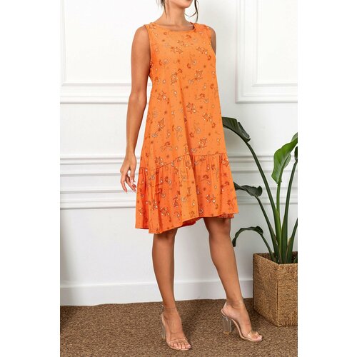 armonika Women's Orange Daisy Pattern Sleeveless Skirt with Ruffled Frill Dress Slike