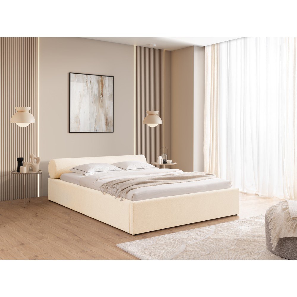 Ropez Kremno bela oblazinjena zakonska postelja s prostorom za shranjevanje z letvenim dnom 180x200 cm Cille &amp;ndash; Slike