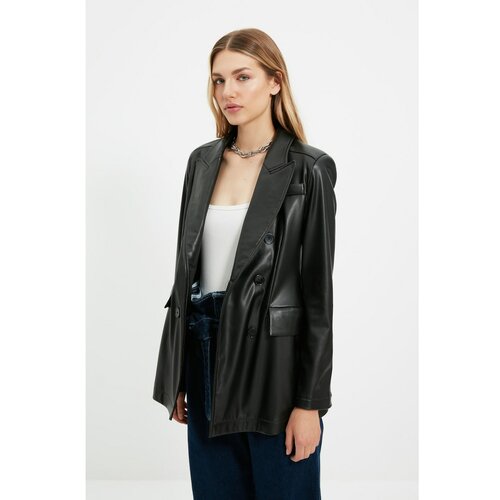 Trendyol X Sagaza Studio Black Faux Leather Jacket Slike