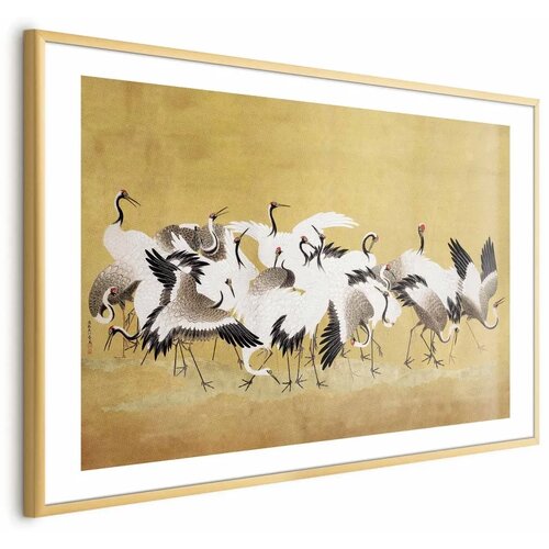  Plakat Japanese Cranes - a flock of birds against a golden background based on the painting of Ishida Yūtei 60x40 Zlatni okvir Cijene