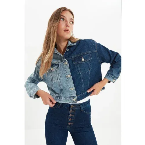 Trendyol Blue Color Block Crop Denim Jacket