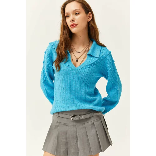 Olalook Women's Blue Polo Neck Little Pompom Soft Textured Knitwear Sweater