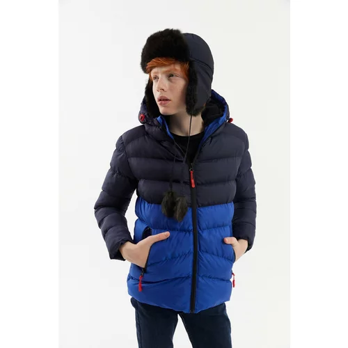 River Club Boys' Waterproof And Windproof Thick Lined Navy Blue-Sax Hooded Coat.