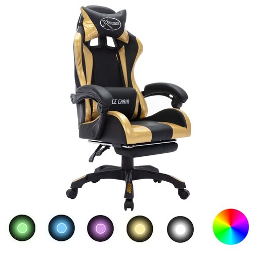 VidaXL racing stol z rgb led lučkami zlato in črno umetno usnje Slike
