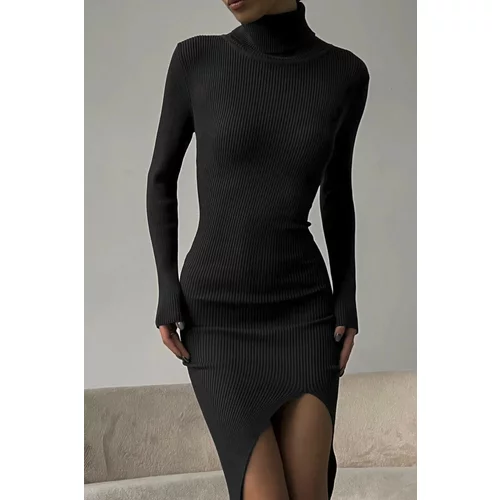 Madmext Women's Black Turtleneck Slit Dress