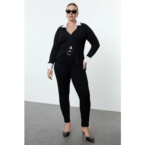 Trendyol Curve Black Shirt Collar Buttoned Ribbed Knitwear Cardigan