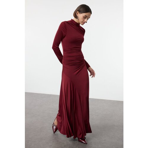 Trendyol Burgundy Fitted/Fits the Body Stand Collar Long Sleeve Flexible Maxi Knit Dress Slike