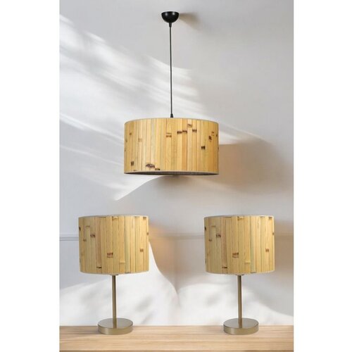 Opviq bambu 02 abajur avize 3 Lü set woodenblack chandelier & table lamp set Slike