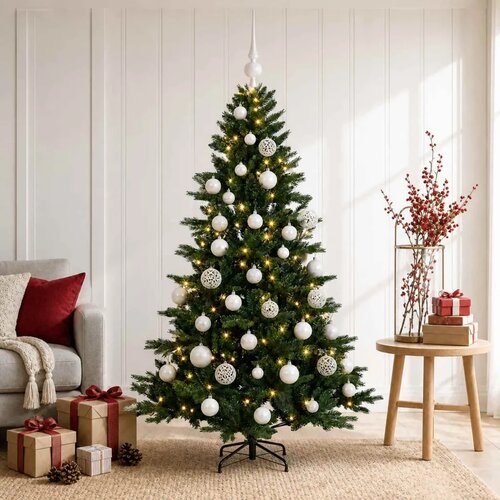  Umjetno božićno drvce s kuglicom 150 cm 150 LED lampica - 150 cm s LED žaruljama i bijelim kuglicama Cene