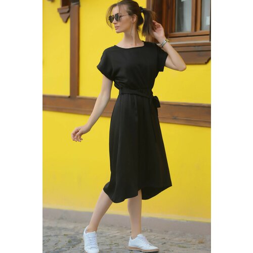 armonika Women's Black Dress with Elastic Waist and Tie Slike