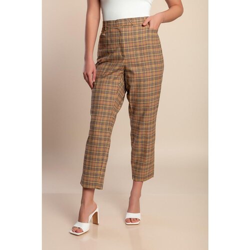 Fenzy Plus Size Hlače S Karo Potiskom, Rjave Cene