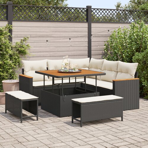 vidaXL 8-delni vrtni sofa set z blazinami črna poli ratan akacija, 3-delni vrtni jedilni set z blazinami črna poli ratan akacija Cene
