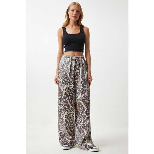  Women&amp;#039;s Black Beige Leopard Patterned Palazzo Trousers Slike