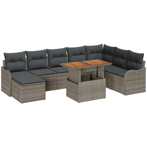 VidaXL set od 9 dijelova vrtnih sofa s jastučićima, siva poli ratan, acacia, 2-sjedna vrtna sofa s jastučićima, siva poli ratan Slike