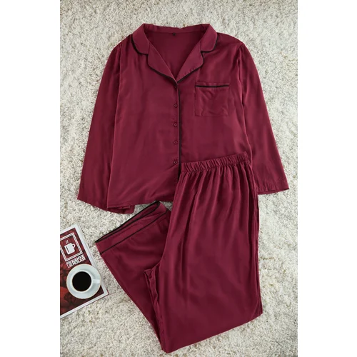 Trendyol Curve Burgundy Piped Shirt Collar Woven Pajama Set