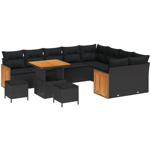 VidaXL Set od 12 vrtnih sofa s jastučićima Crna Poli Ratan Akacija, Set od 3 vrtna jela s jastučićima Crna Poli Ratan Akacija Slike