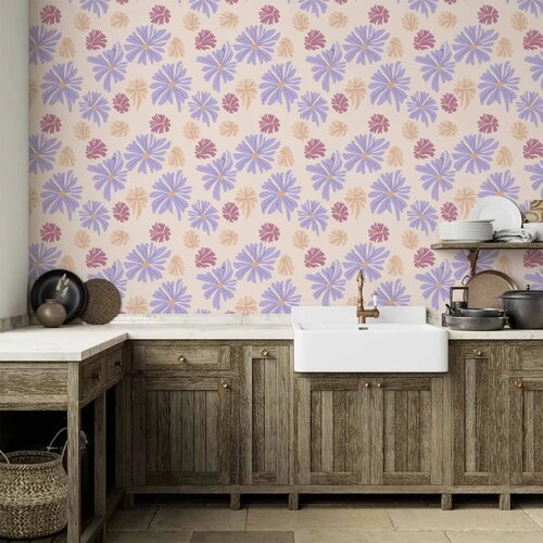  Tapeta - Floating Flowers - Tiny - wind-borne flowers in three colors - on a light background. 50x1000 Cene
