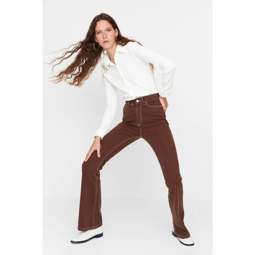 Trendyol Brown Stitch Detail High Waist Flare Jeans Slike