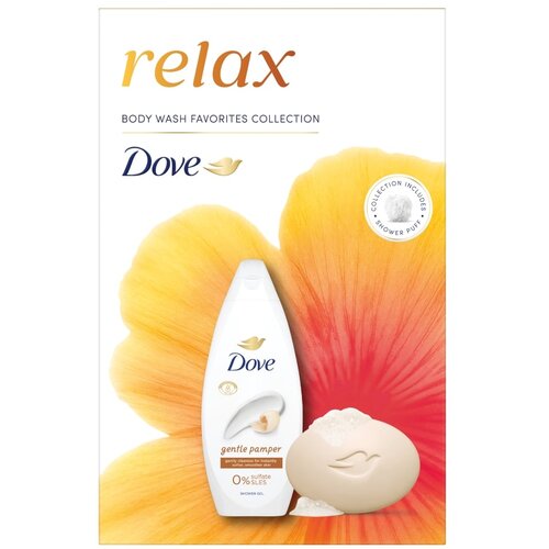 Dove Ženski kozmetički set Relax Pamper, gel za tuširanje 250ml + sapun 90g + puf Cene