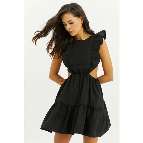Cool & Sexy Women's Black Waist Decollete Flounce Mini Dress