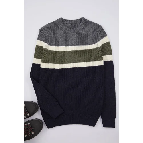 Trendyol Anthracite Slim Fit Crew Neck Panelled Knitwear Sweater