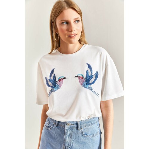 Bianco Lucci Women's Bird Patterned Combed Cotton Tshirt Slike
