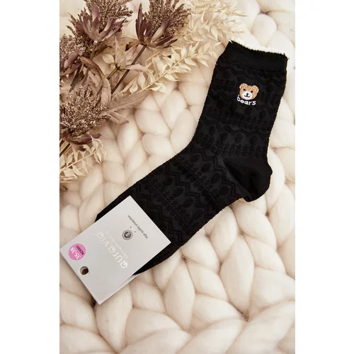 Kesi Patterned socks for women with teddy bear, black
