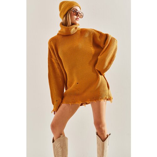 Bianco Lucci Women's Ripped Patterned Turtleneck Knitwear Sweater Slike
