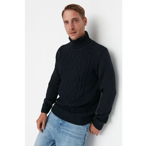 Trendyol Navy Blue Men's Slim Fit Turtleneck Hair Knitting Detailed Knitwear Sweater