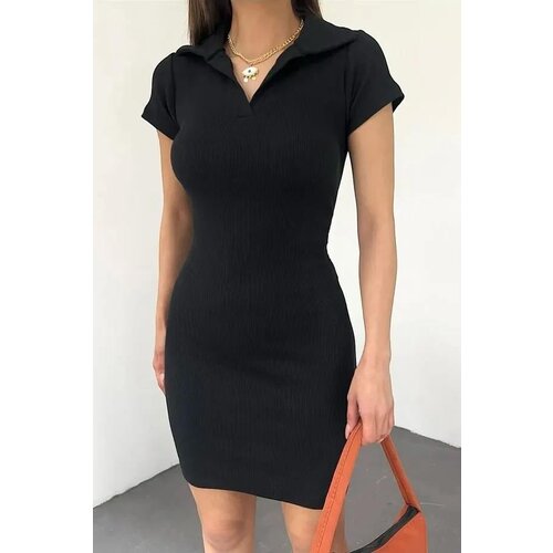 Dewberry 35605 Polo Neck Dress with Short Sleeves-BLACK Slike