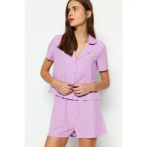 Trendyol Lilac Terrycotton Woven Shirt-Shorts Pajamas Set