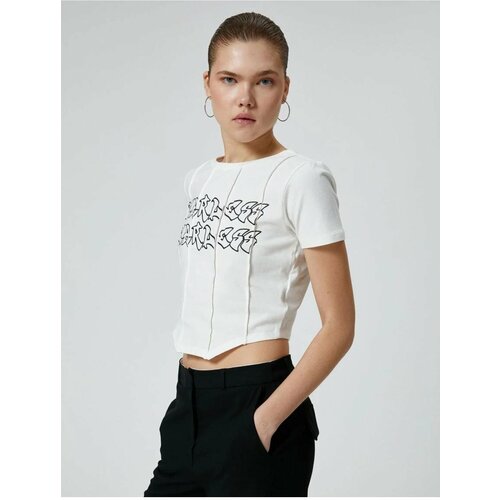 Koton Crop T-Shirt Asymmetric Cut Printed Short Sleeve Crew Neck Cotton Slike
