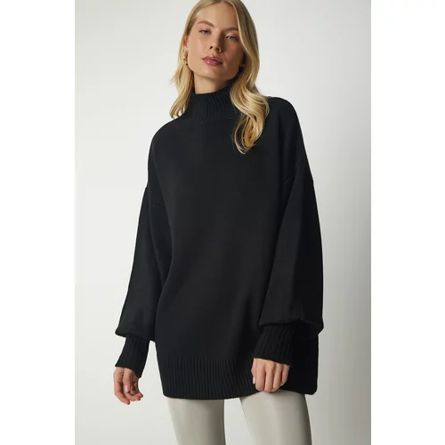 Happiness İstanbul Women's Black Stand-Up Collar Oversize Basic Knitwear Sweater