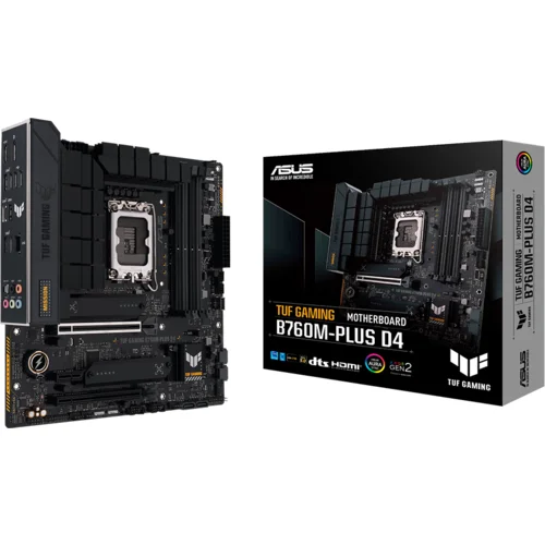 Asus TUF GAMING B760M-PLUS D4 LGA1700 mATX gaming MB – Intel B760 4xDIMM DDR4 2xM.2 4xSATA PCIe 5.0 2.5Gb Ethernet 1xDisplayPort 1xHDMI with Aura Sync support