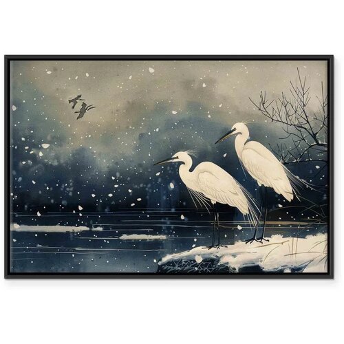  Slika - Herons over a winter pond - Japanese-style illustration in dark colours 120x80 U crnom drvenom okviru Slike
