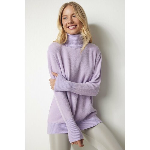 Happiness İstanbul Women's Lilac Turtleneck Soft Textured Knitwear Sweater Slike