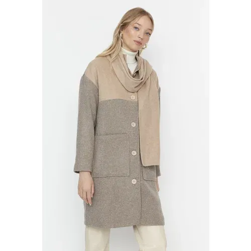 Trendyol Beige Color Block Detachable Shawl Detailed Stamp Coat