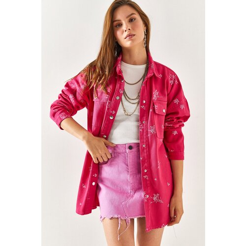 Olalook Women&amp;#039;s Fuchsia Embroidered Oversized Cotton Shirt Jacket with Pocket Slike