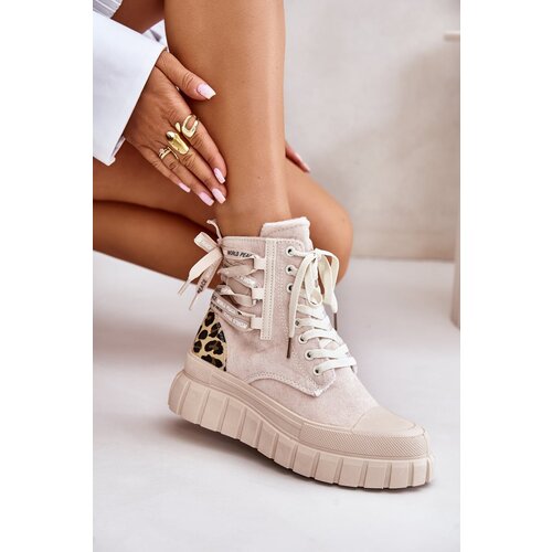 Kesi Women&amp;#039;s platform ankle boots with decorative lacing Leopard light beige Edidda Slike