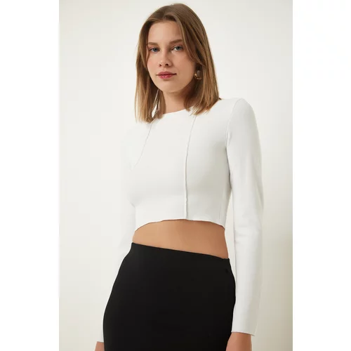 Happiness İstanbul White Ribbed Ribbed Crop Blouse