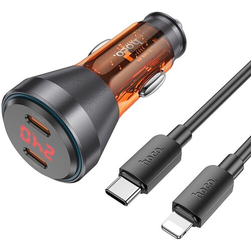 Hoco auto punjač NZ12C 2 x type c sa digitalnim displejem + kabl type c na lightning pd QC3.0 3A 60W providno narandzasti Slike