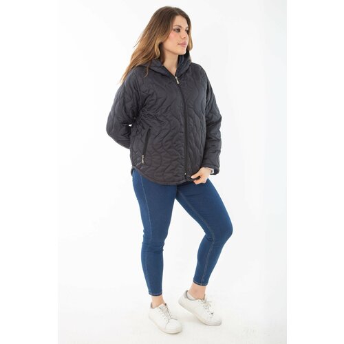 Şans Women's Plus Size Navy Blue Front And Pocket Zippered Hooded Lined Quilted Coat Slike