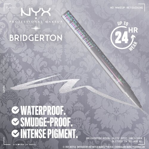 NYX Professional Makeup Bridgerton Royal Epic Ink Liner ble&amp;scaron;čeče črtalo za oči odtenek 01 Glitzed In Silver 1 ml Slike