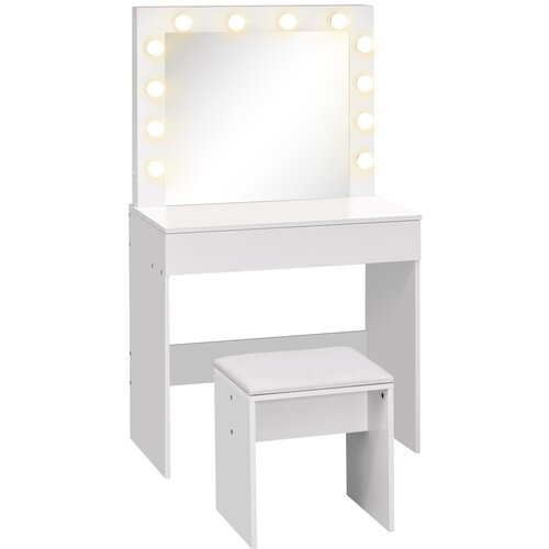 HOMCOM Komplet mizice za ličenje z ogledalom, 12 lučkami LED, oblazinjenim stolčkom in velikim lesenim predalom, 80 × 40 × 140 cm, bela, (20752798) Cene