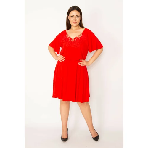 Şans Women's Plus Size Red Lace Detailed Waist Elastic Dress