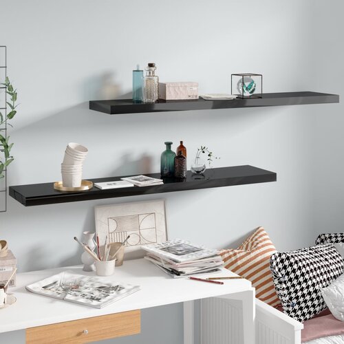 VidaXL Stenske police 2 kosa visok sijaj črne 120x23,5x3,8 cm MDF Slike