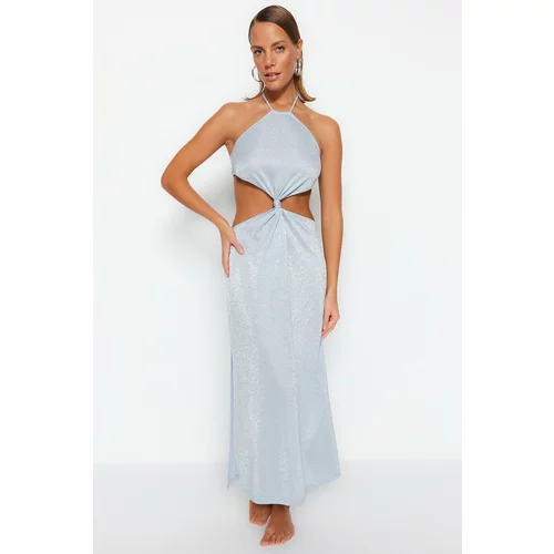 Trendyol Blue Fitted Maxi Knitted Cut Out/Window Beach Dress