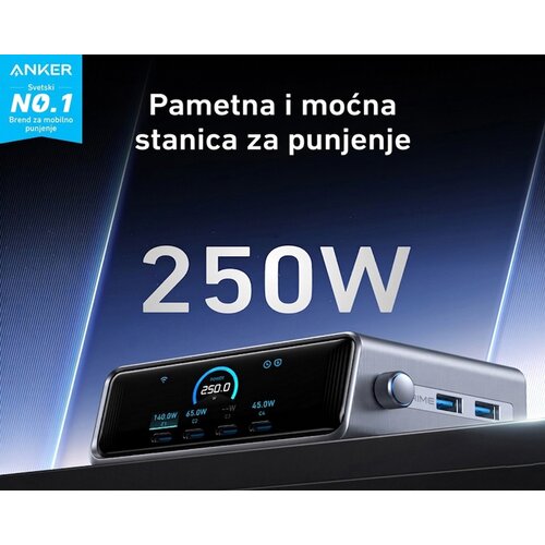 Anker Prime 250W GaN stoni brzi punjač 6-portova (4x USB-C 2x USB-A) srebrni Cene